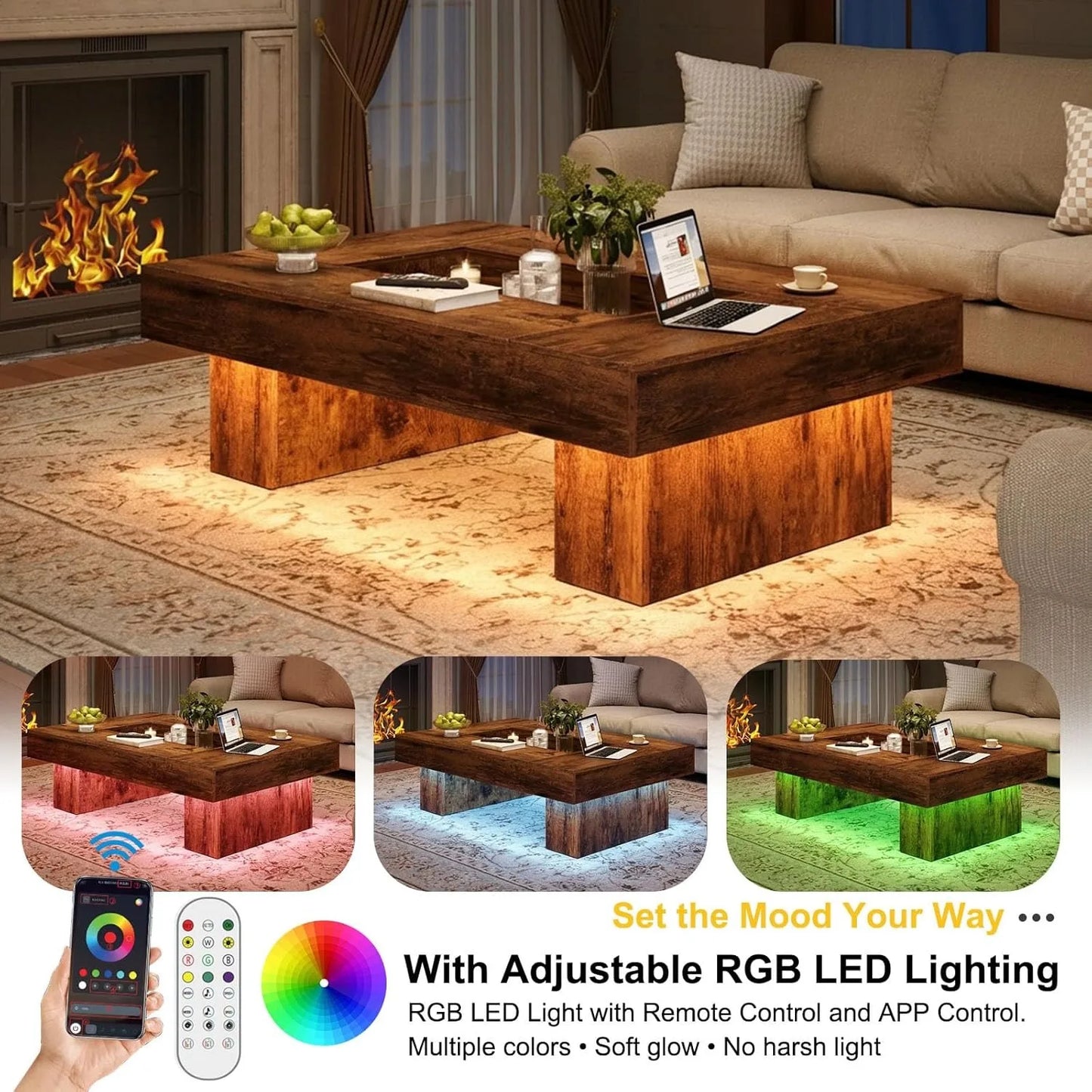 Rustic Large Wood Coffee Table with Storage LED Light Modern Farmhouse Low Wide Rectangle for Living Room Office 47 Inch