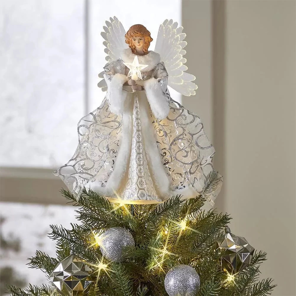 Christmas Angel Pendant Light Christmas Tree Toppers Delicate White Angel Ornaments Christmas Tree Top Decor Glowing Angel Doll