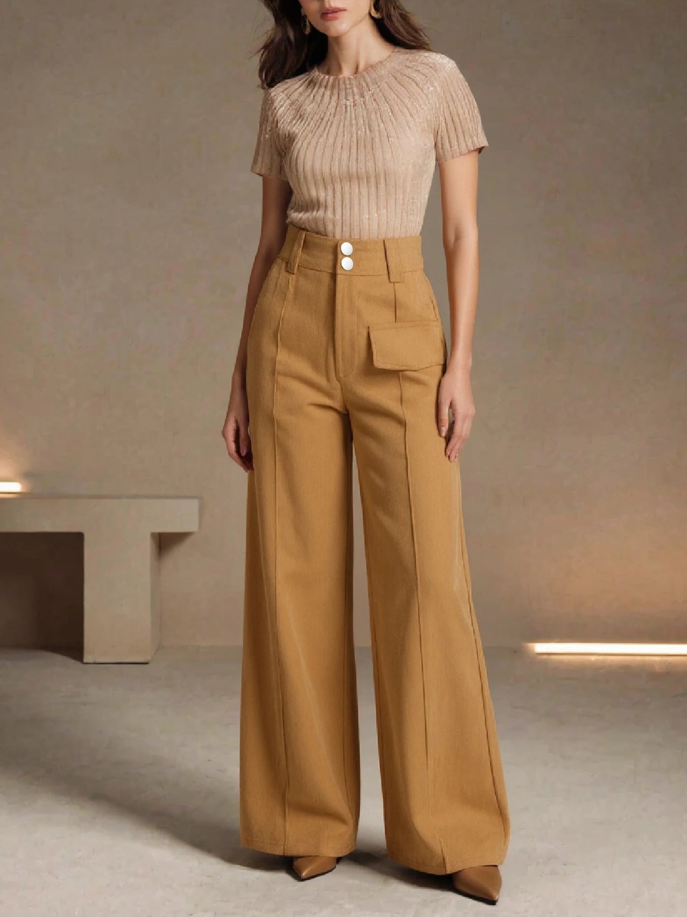 Women's High Waist Corduroy Wide Leg Pants Casual Loose Fit Trousers with Pockets Streetwear