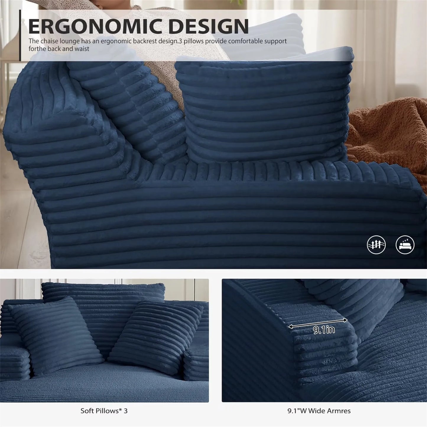 66" Oversized Chaise Lounge Chair Corduroy Oversized Boneless Couch Sofa Bed Reading Chair Sleeper Chaise with 3 Pillows, Blue