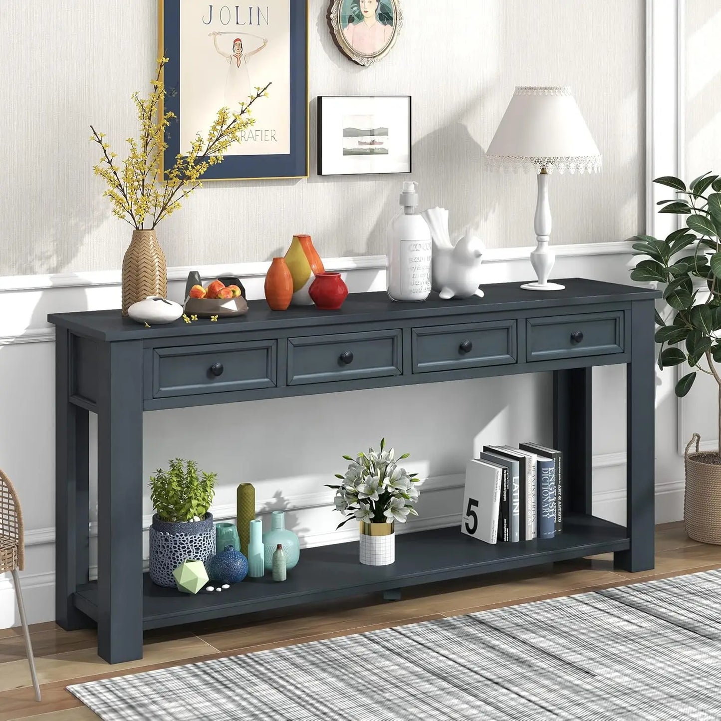 Console Table with 4 Storage Drawers Bottom Shelf, Rustic Distressed Sofa Table for Entryway Hallway, Assembly, Customized