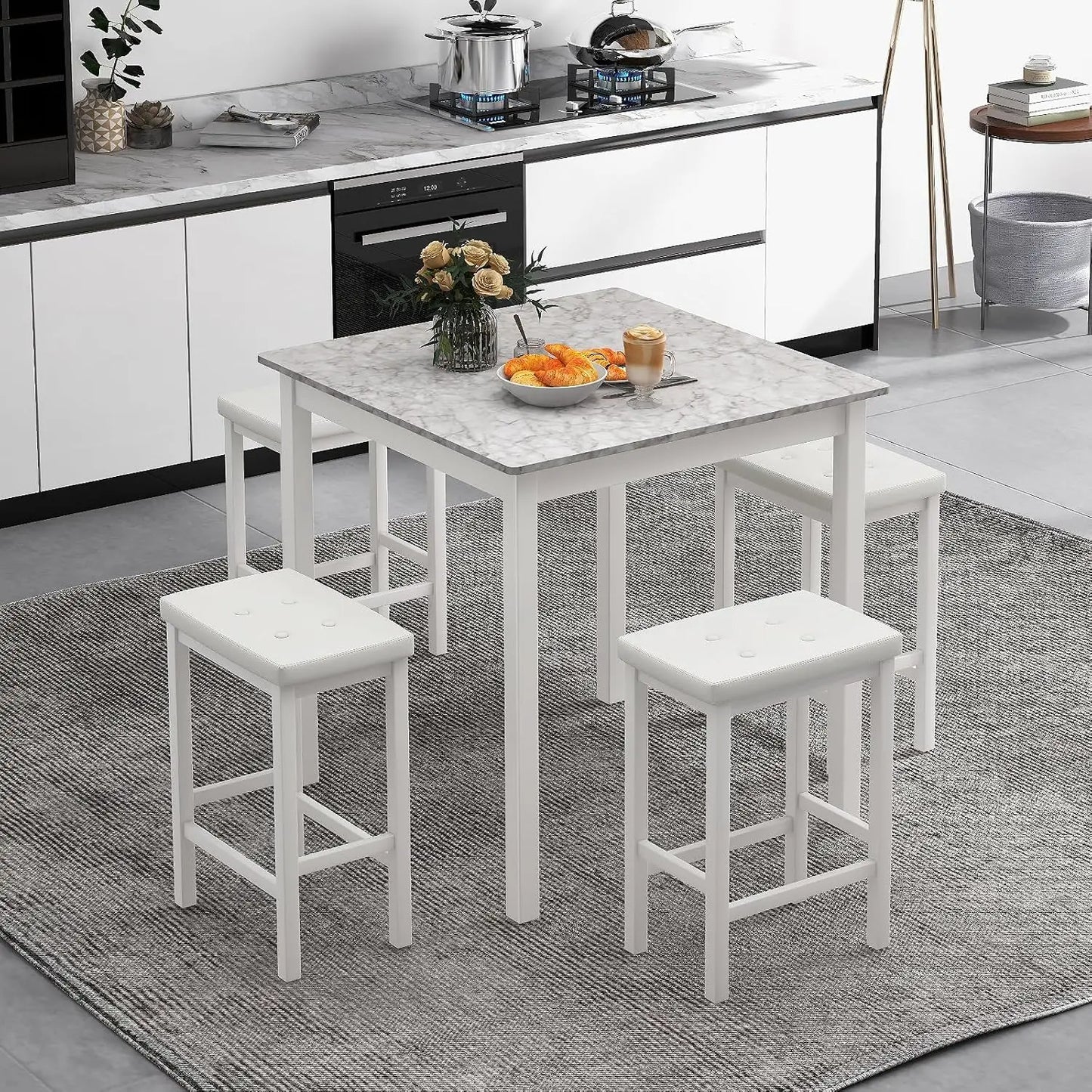 Counter Height Dining Table Set For 4, Space Saving Kitchen Table With 4 Padded Bar Stools, Elegant Faux Marble Breakfast Nook Table Set for Apartments Dining Room, White