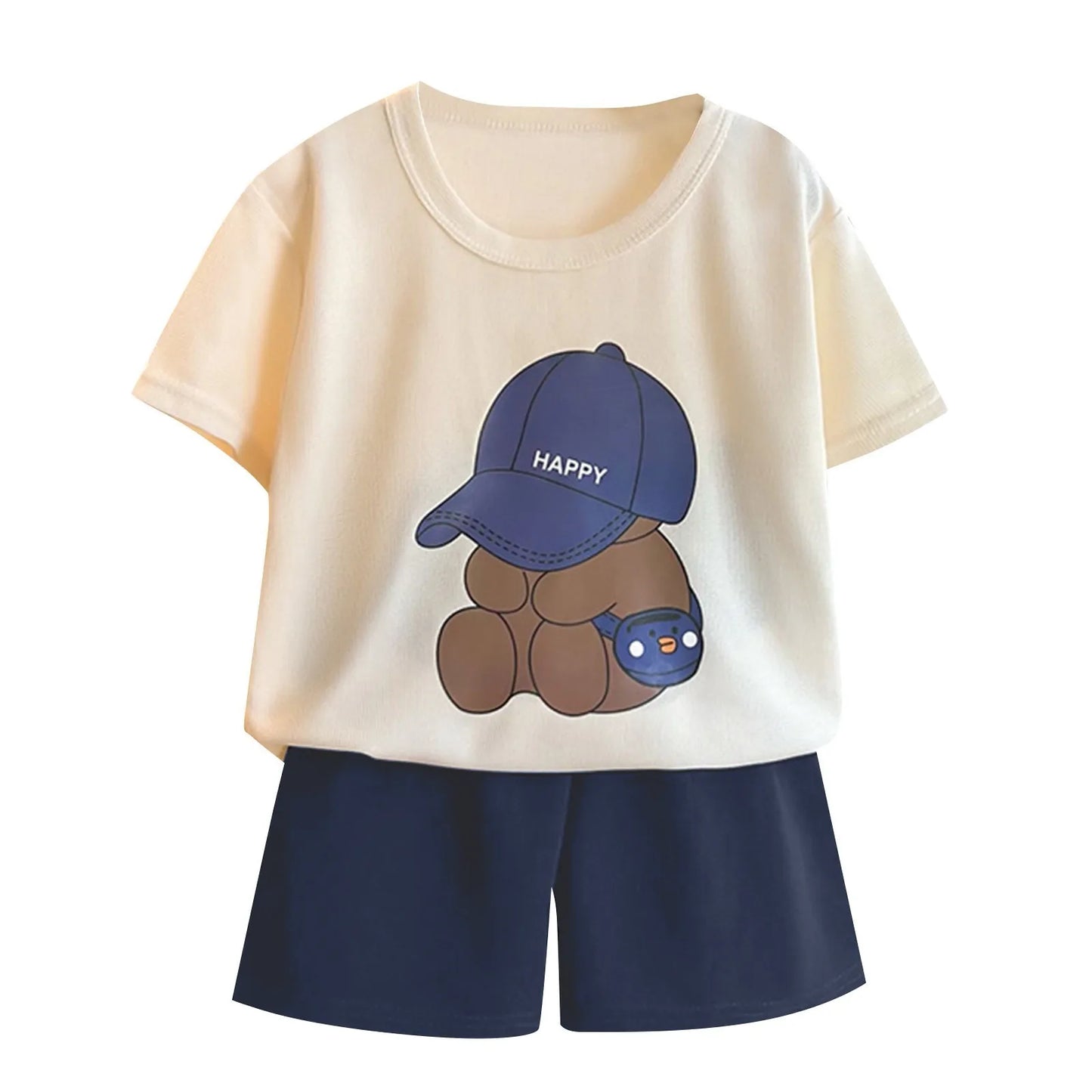 Children Boys 2pcs Tracksuits Cotton Bear Printed Short Sleeves+Shorts Kids Boys Outfits Loose Round Collar Little Boys Tee Suit