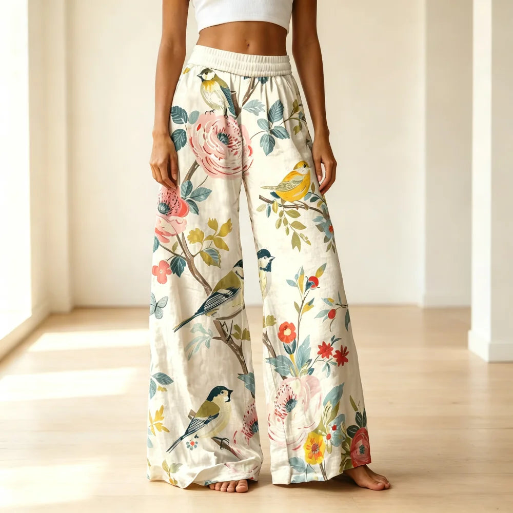 Eclectic Grandpa Floral Bird Pattern Wide Leg Pants Soft Silk Palazzo Trousers, Summer Beach Tropical Vacation Outfits