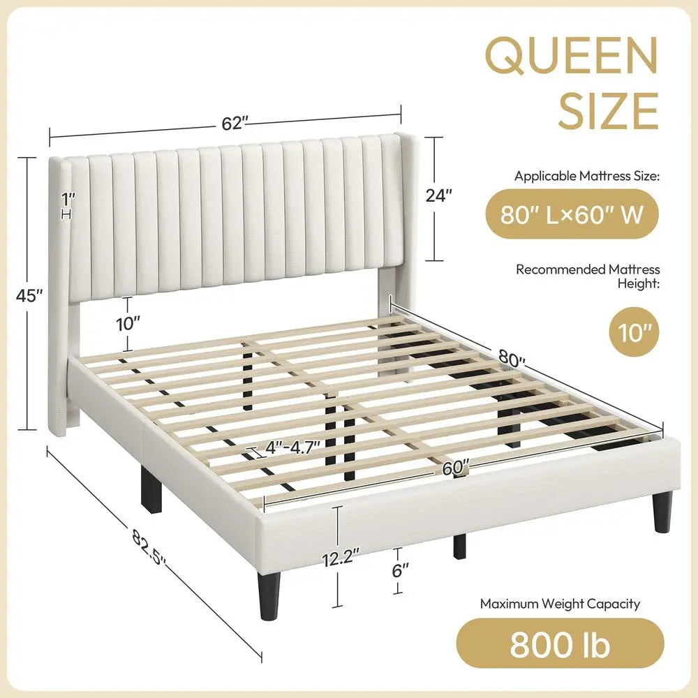 Queen Upholstered Bed Frame With Ivory Channel Tufted Headboard, Sturdy Platform Style
