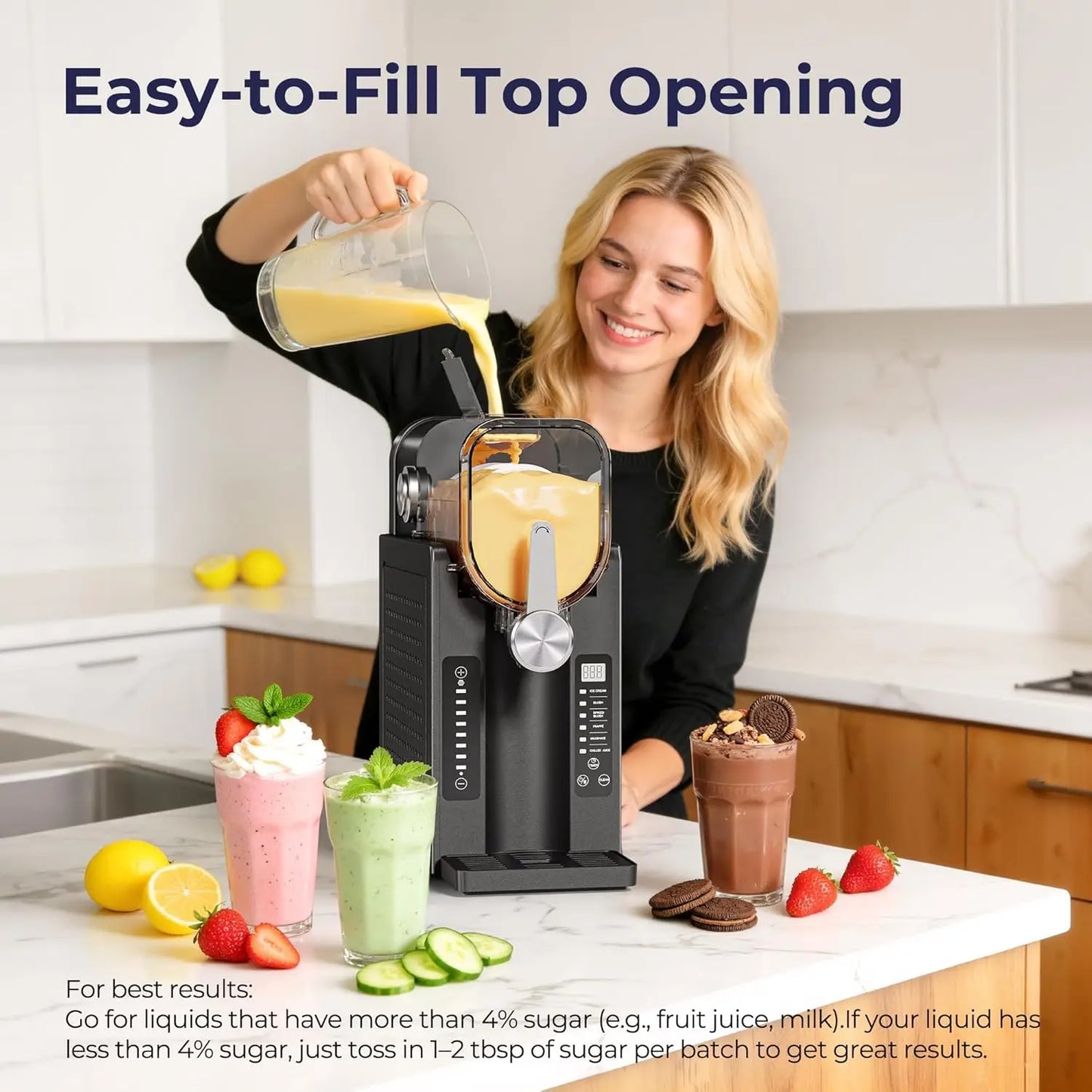 Slushie Machine, No Ice Needed Slushy Maker for Home, Real-Time Temp Display, Frozen Drink Maker with 6 Preset Programs for Ice