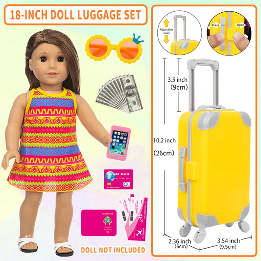 18Inch Doll Clothes Yellow Dress Lovely Travel Suitcase American Doll Summer Outfit Pineapple sunglasses Baby Toys Girl's Gift