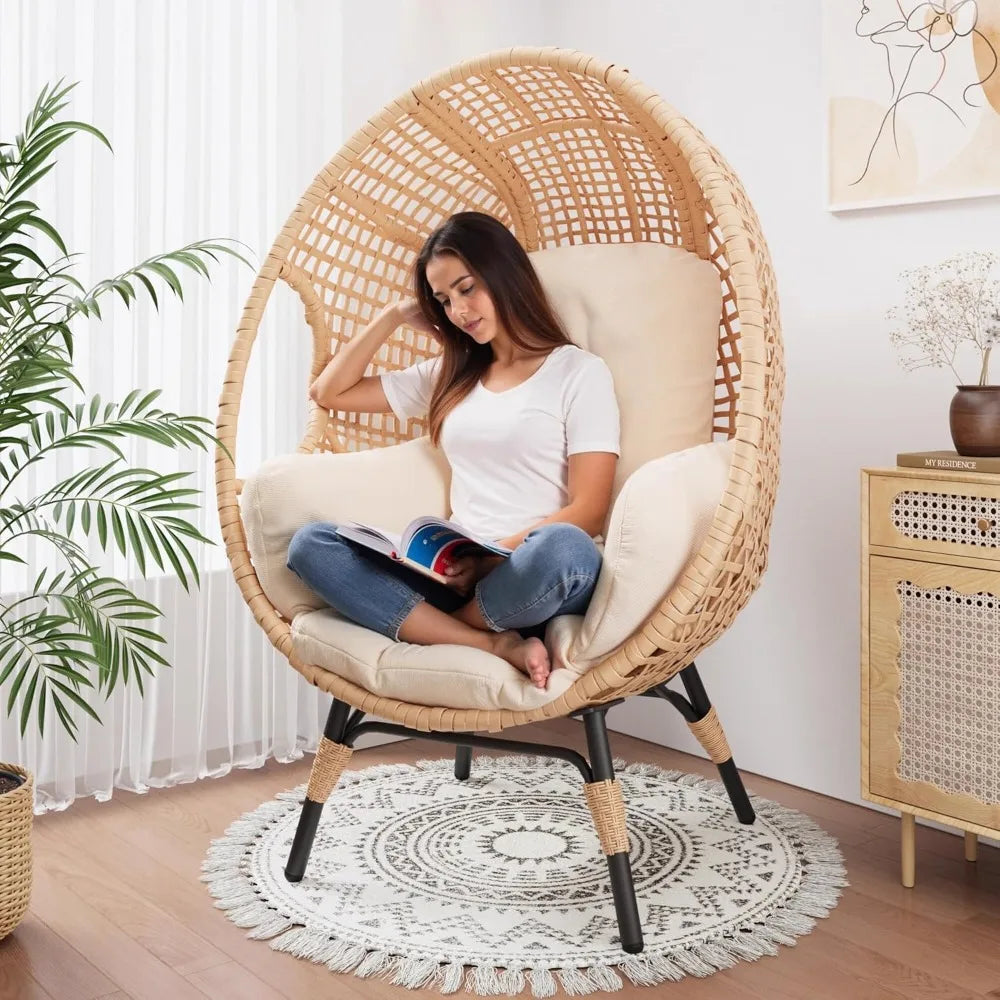 Oversized Wicker Egg Chair Outdoor Indoor Rattan Patio Egg Lounge Chairs with Cushion 500lbs Capacity for Living Room, Balcony,