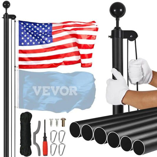 30FT Heavy Duty Aluminum Detachable Flagpole Kit Black American Flag Display