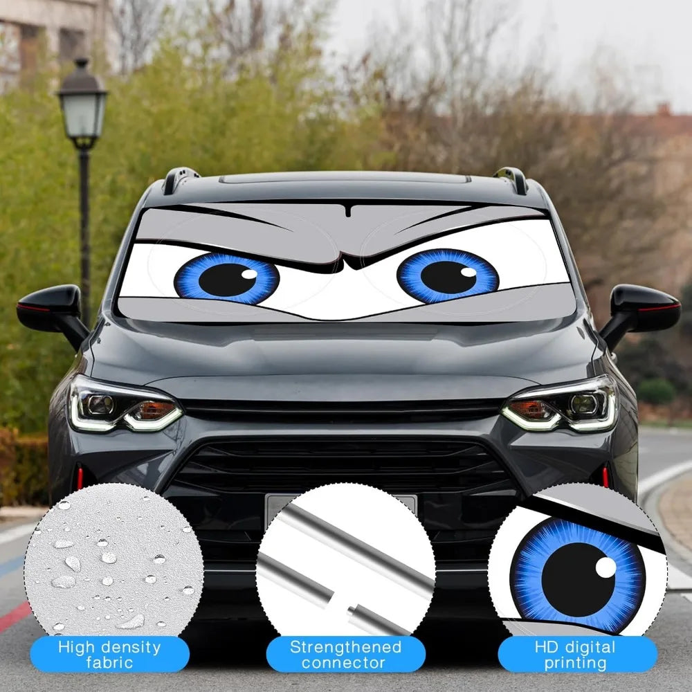 Foldable Car Windshield Sunshade with Funny Eyes Design Wear-Resistant Black Tape 59x27 or 63x31