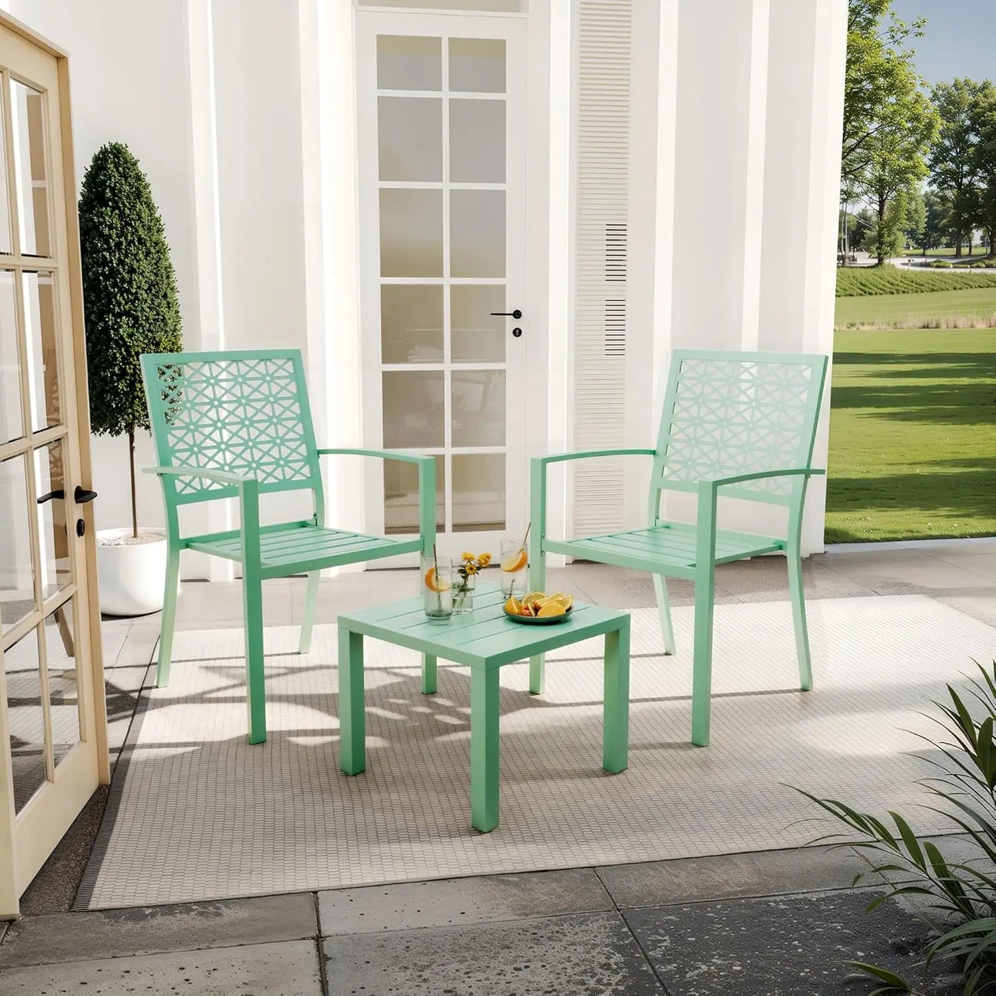 3-Piece Outdoor Bistro Set,Stackable Modern Metal Patio Furniture Set, 2 Chairs&Coffee Table,for Backyard Balcony Garden Lawn