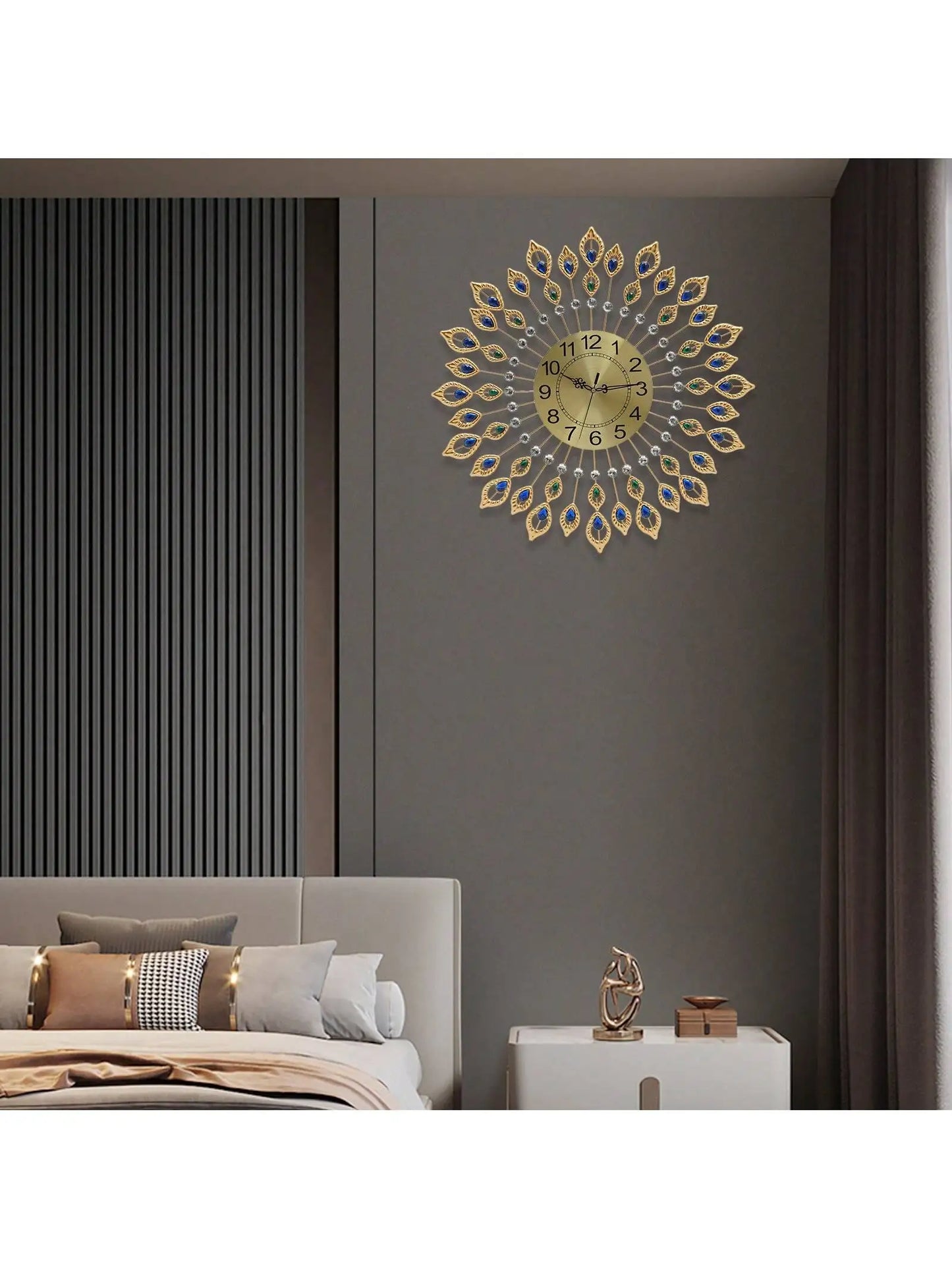 Wall Clock For Living Room Decor,Crystal Peacock Wall Clocks Modern Design 3D Clocks For Decor Large Round Metal Silen