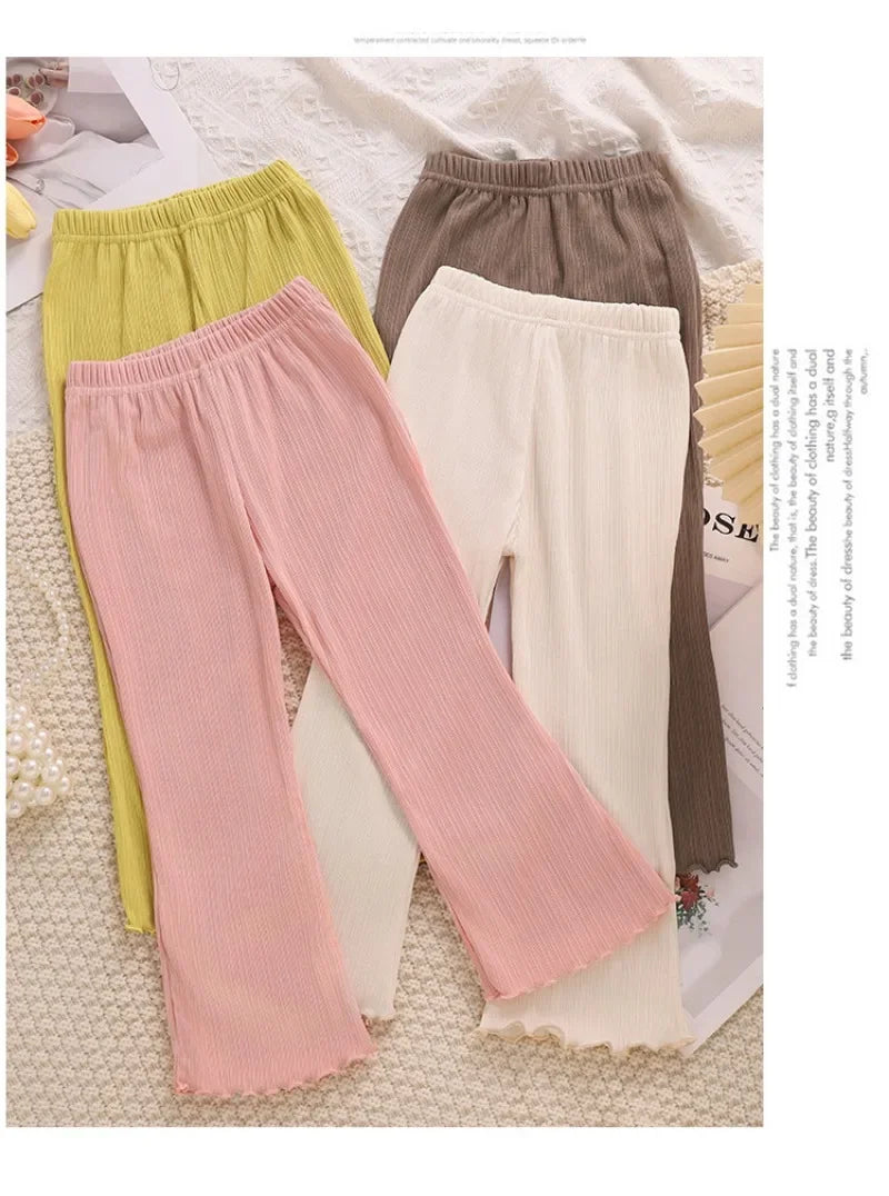 Children Summer Solid Color Thin Ribbed Knit Flared Pants Girls Casual Trousers Korea Fashion Pants Girl Princess Style Capris