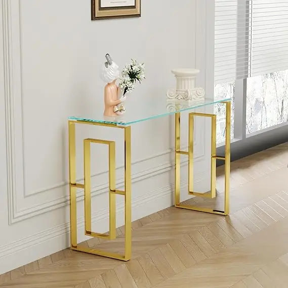 Toughened Glass Console Table,Clear Glass Accent Console Sofa Table with Stainless Steel Frame,Gold Entry Tables for Hallway, So