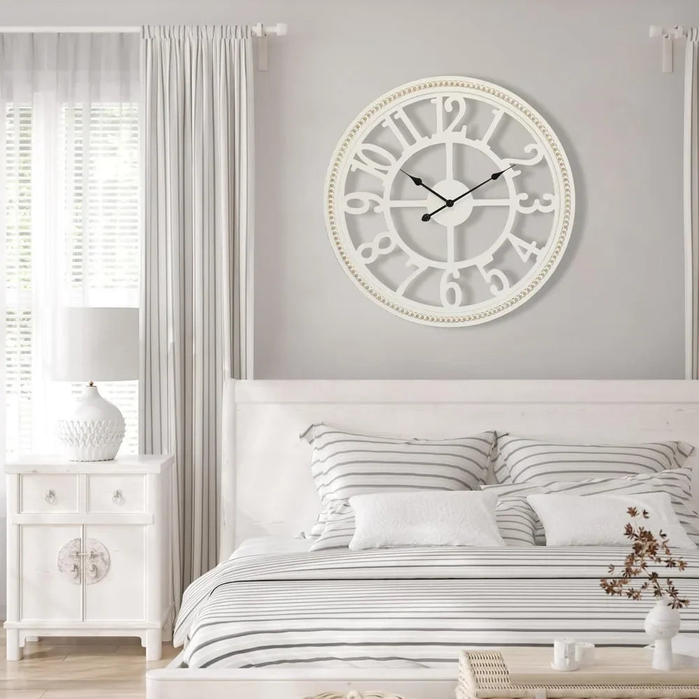 Farmhouse Wall Clock 30 Inch, Large Wall Clock with Boho Beads, Wooden Silent Wall Clocks Battery Operated Easy Read,