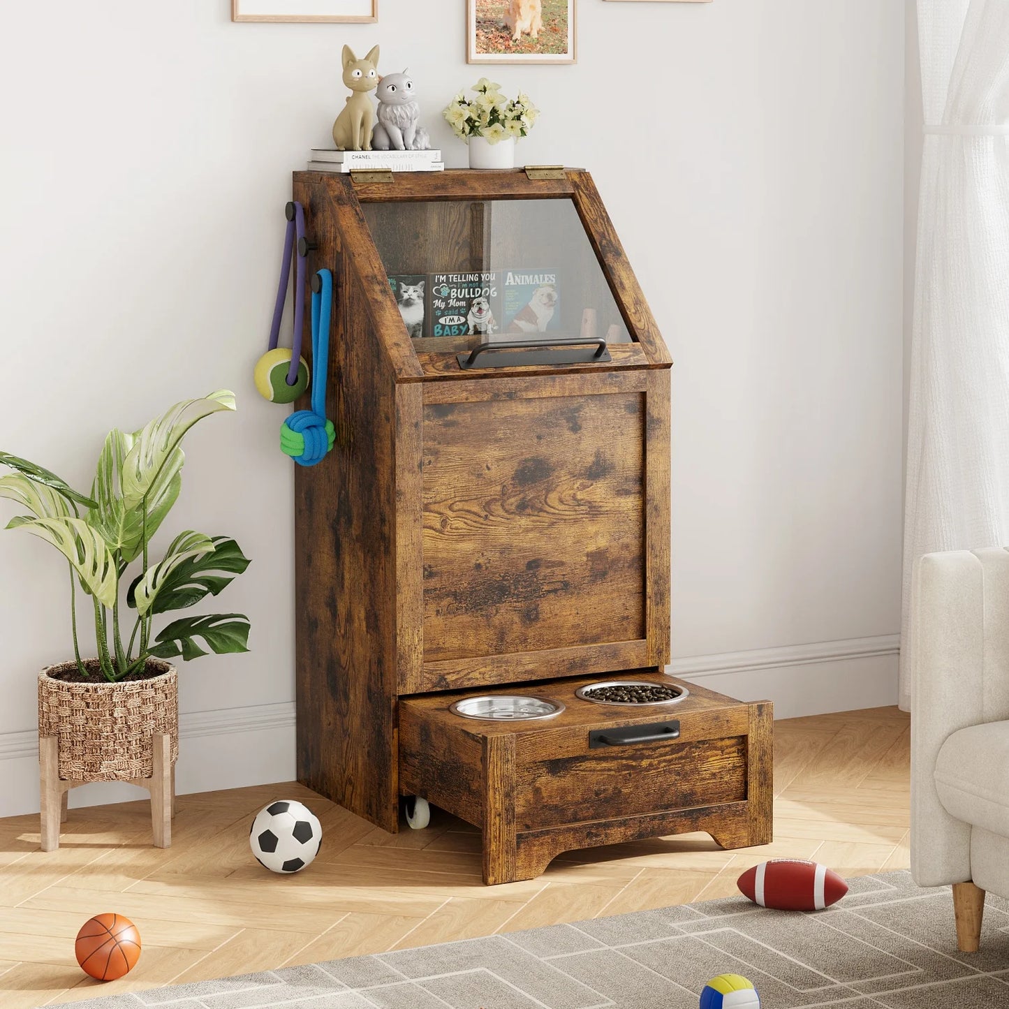 Pet Food Cabinet Flip Top Dog Food Storage Cabinet,Dog Feeding Station with 2 Elevated Bowls, Pet Toy Storage Organizer