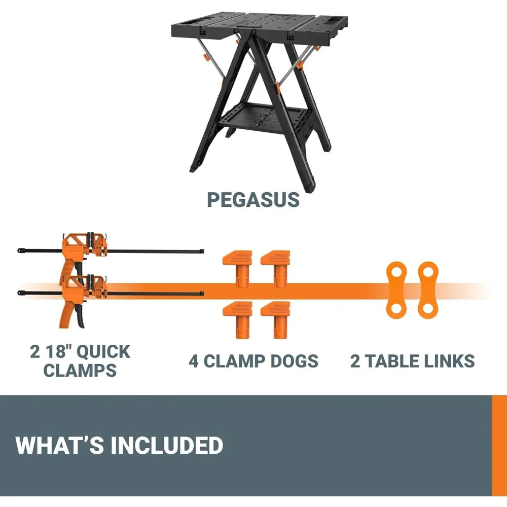 2025new-Folding Work Table and Sawhorse by Worx Pegasus, Portable Workbench with Easy Setup, 31 Wide x 25 Deep x 32 Tall Lightwe