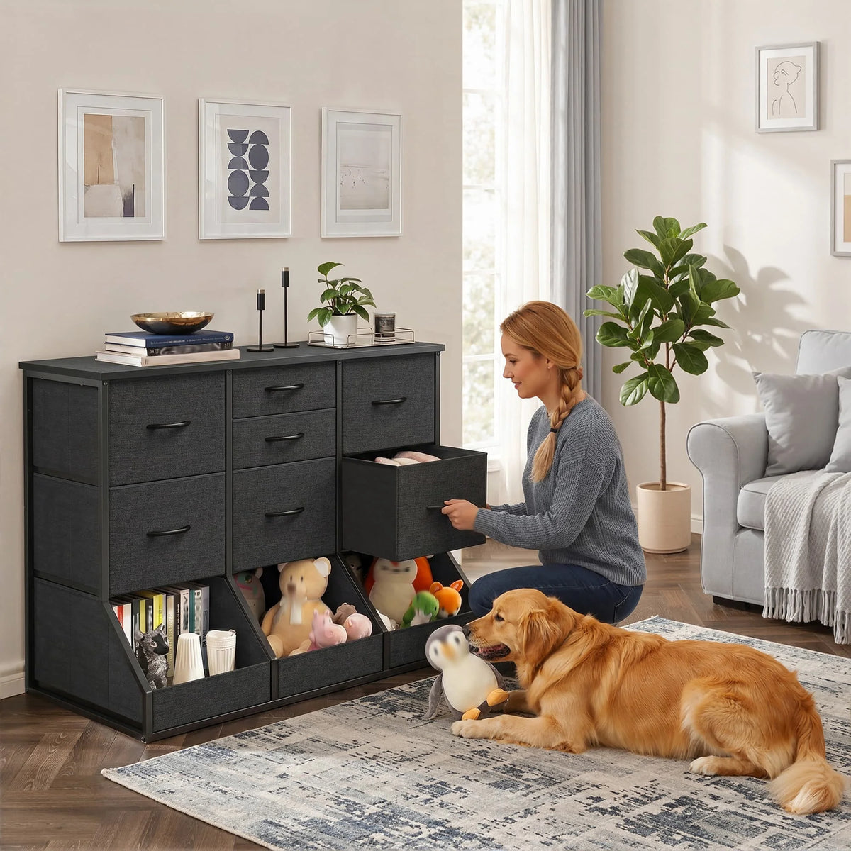 EnHomee 10-Storage Fabric Dresser – 7 Drawers & 3 Open Compartments, Wood Top & Metal Frame – 39.3"W x 17.7"D x 31.5"H – For Bedroom, Entryway, Hallway