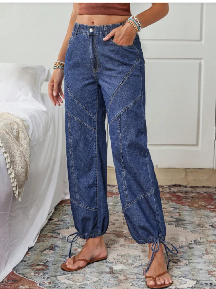 2026 new style women's work pants, soft washed high-waist stitched drawstring denim fabric, geometric stitching design, ankle tie cuffs, plus size available, warehouse delivery, fast shipping. Retro western bohemian style, su