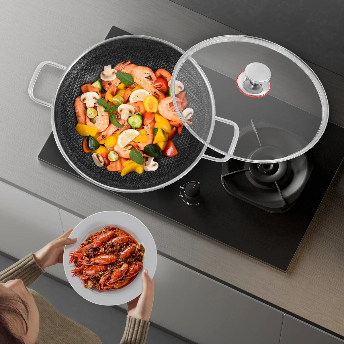 Stainless Steel Nonstick Wok Pan With Tempered Glass Lid For Most Stoves