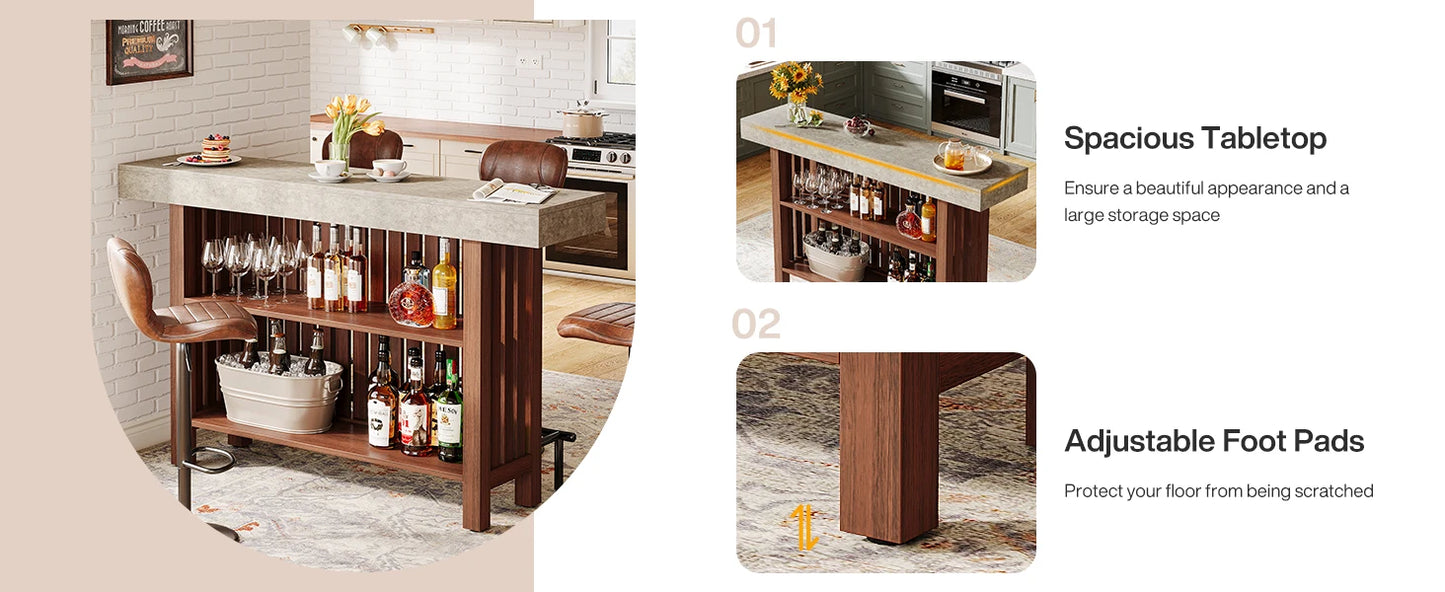 LITTLE TREE 63-Inch Large Home Bar Unit,2-Tier Kitchen Island Mini Bar Height Pub Table with Footrest, Modern Coffee Bar Cabinet