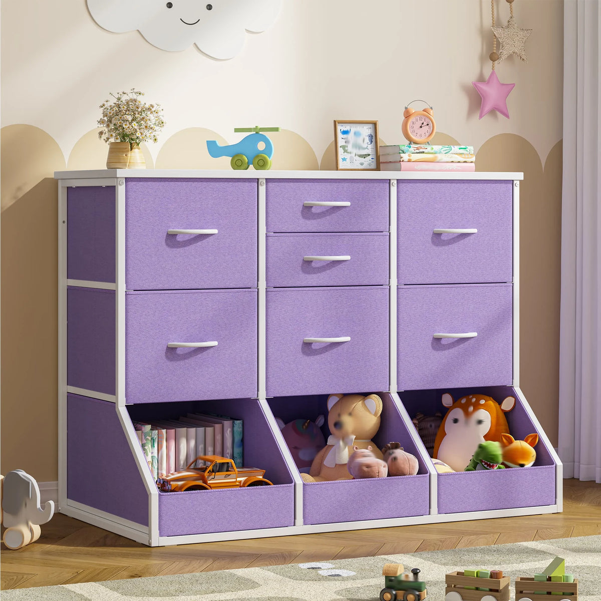 EnHomee 10-Storage Fabric Dresser – 7 Drawers & 3 Open Compartments, Wood Top & Metal Frame – 39.3"W x 17.7"D x 31.5"H – For Bedroom, Entryway, Hallway