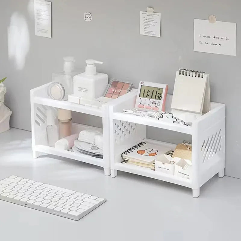 Modern Double-Deck Desk Storage Rack – Open Frame Office Organizer for Stationery, Notebooks & Daily Sundries