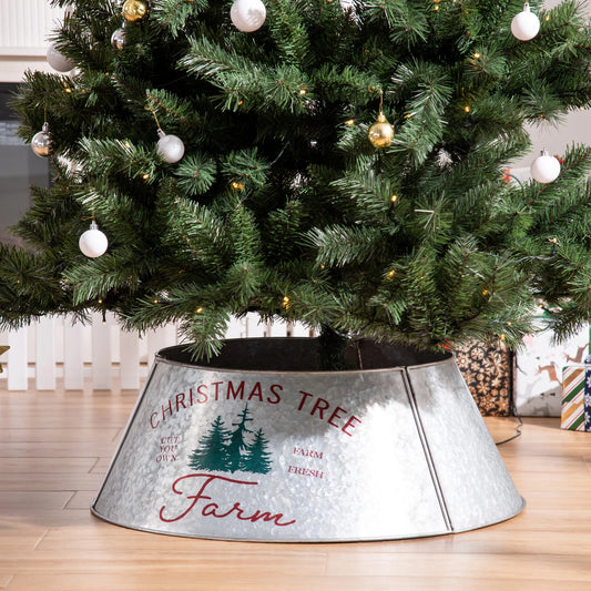 Christmas Tree Collar Steel Tree Ring Skirt Decor W/ Print, 26" Base, Silver