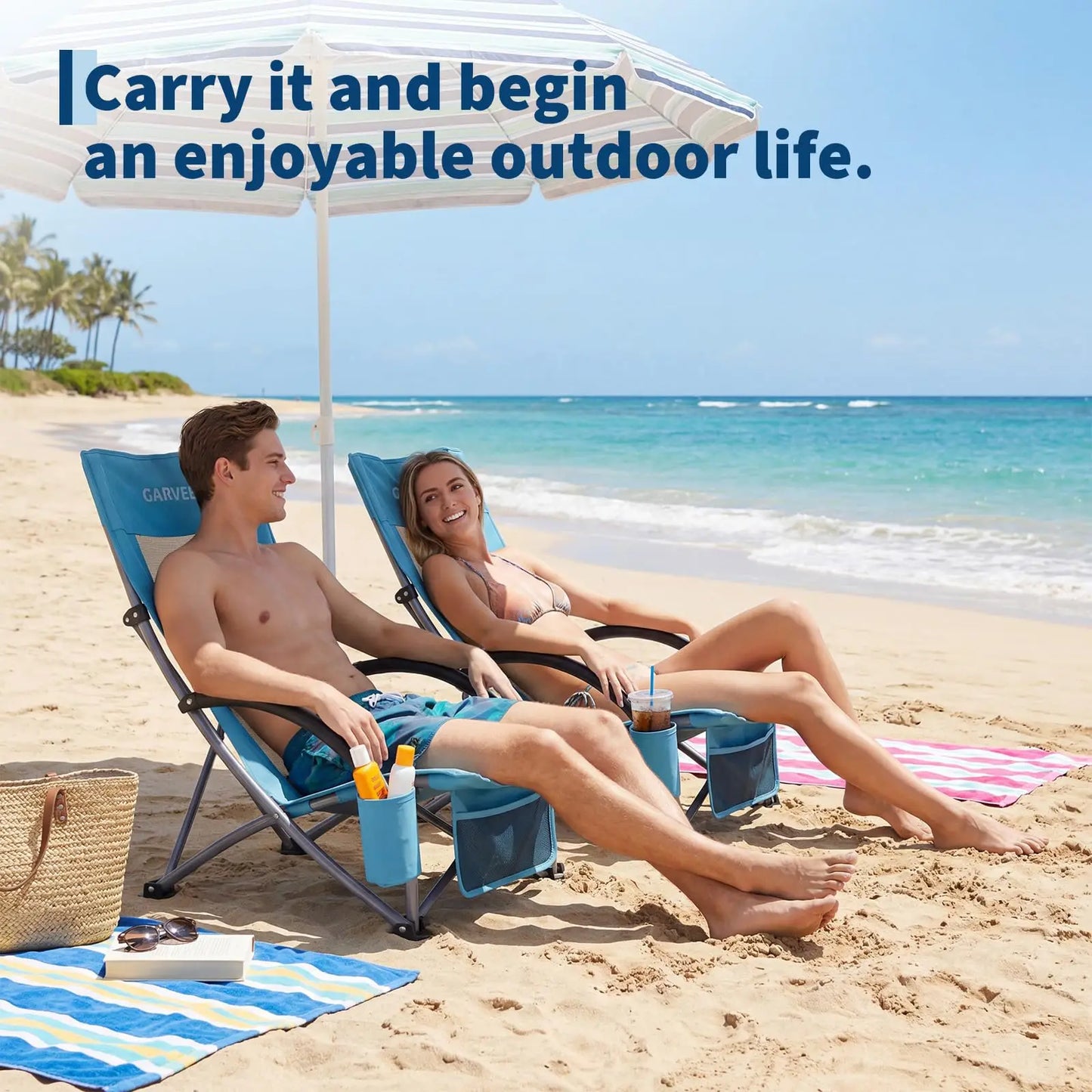 High Back Beach Chair,Folding Beach Chairs, Extra Wide Seat Chair with Cup Holder, Storage Pocket & Carry Bag for Camping Travel