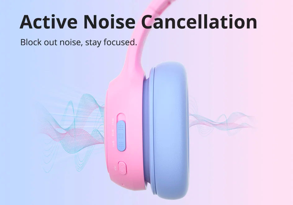 Tronsmart KH03 Active Noise Cancelling Kids Headphones, Foldable Bluetooth Headset with HD Mic for Class Clarity, Soft Protein Earpads, 7-Color LED, Safe Volume Limit, 70H Battery for Travel/Study