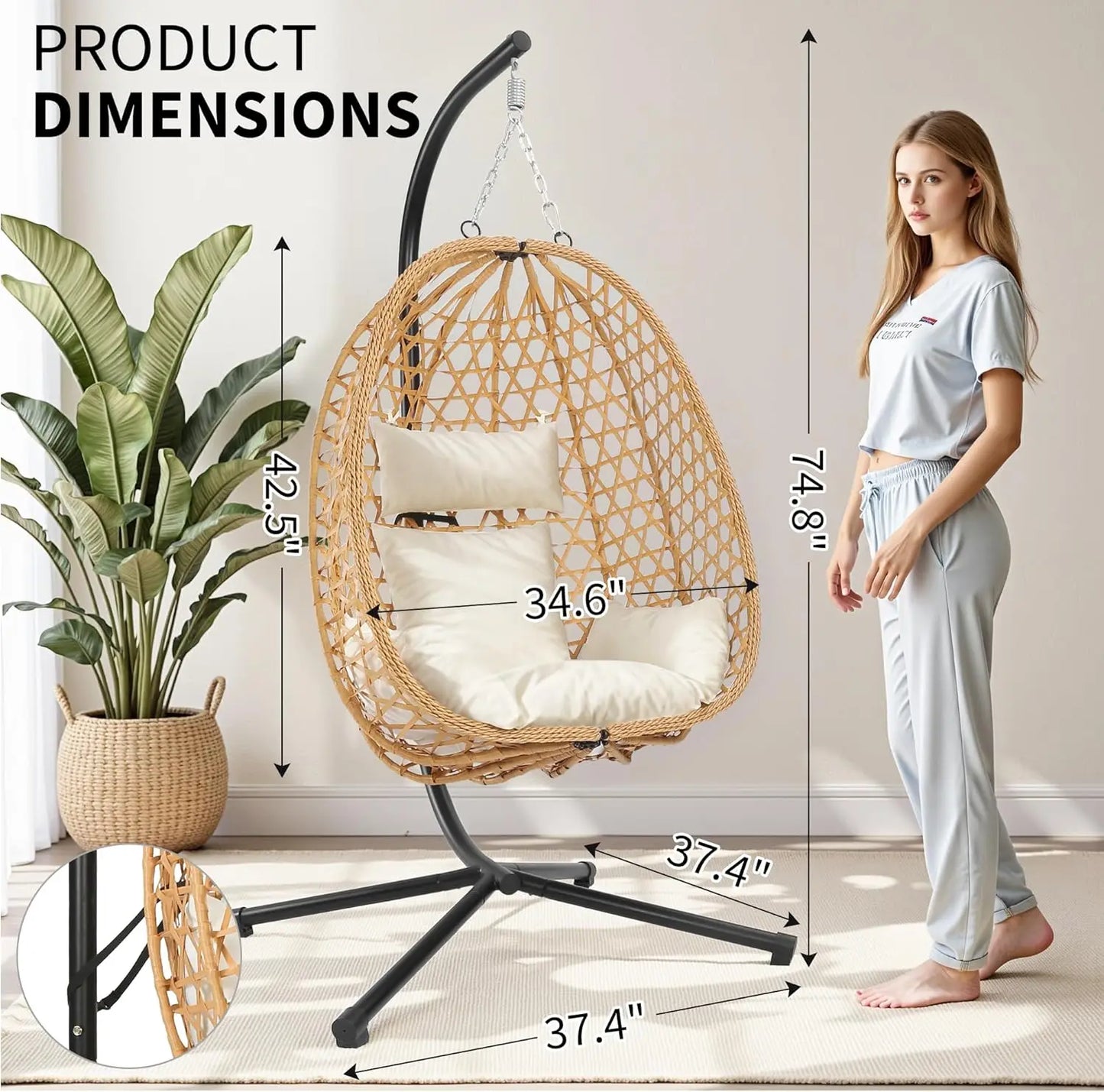 Egg Chair with Stand, Patio Wicker Hanging Chair, Hammock Swing Chair, 350LBS Capacity for Bedroom, Balcony, Garden (YE-BE)