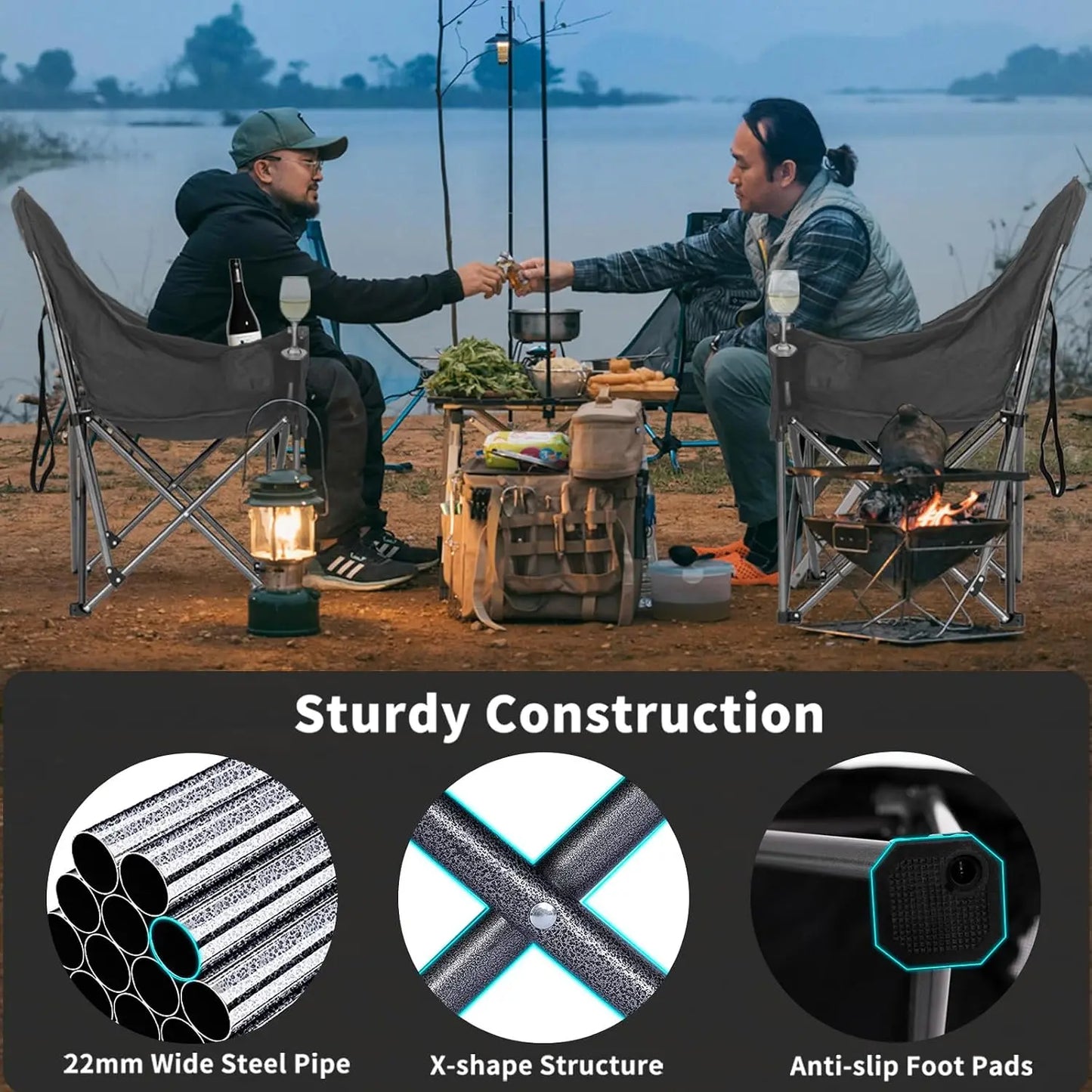 Oversized Camping Chairs for Adults Heavy Duty Padded Portable Lawn Chairs Outdoor Folding Chairs XL with Cup Holder, Supports 500 lbs