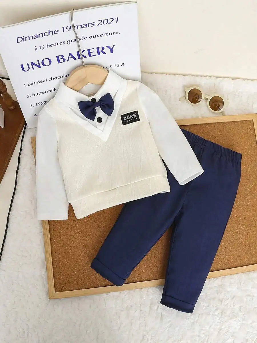 2-Piece Baby Boy Formal Outfit: Knit V-Neck Sweater with Bow Tie + Elastic Waist Pants
