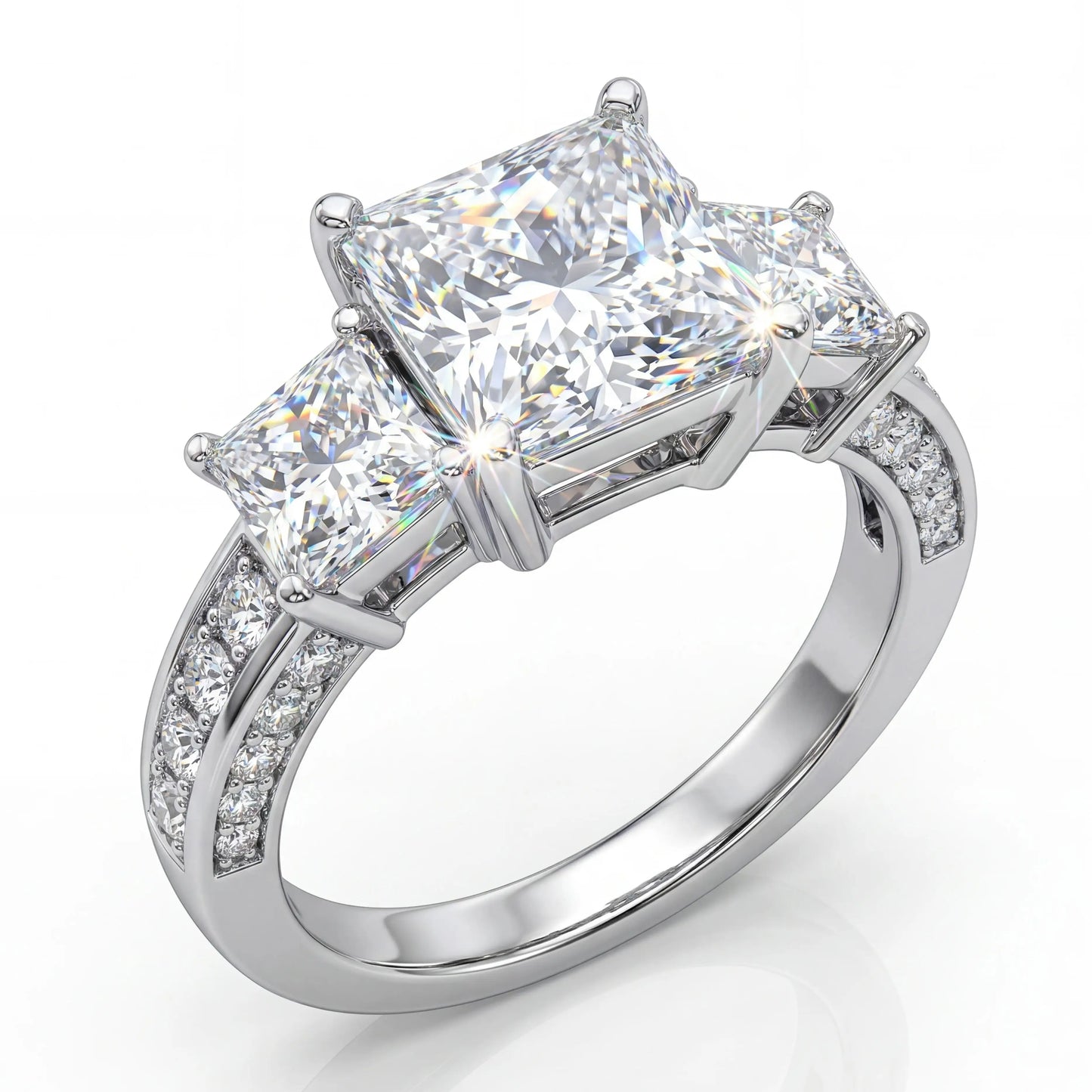 Princess Cut Three Stone Moissanite Ring, S925 Silver, D Color VVS1, 3ct, Hip Hop, Unisex, Passes Diamond Tester