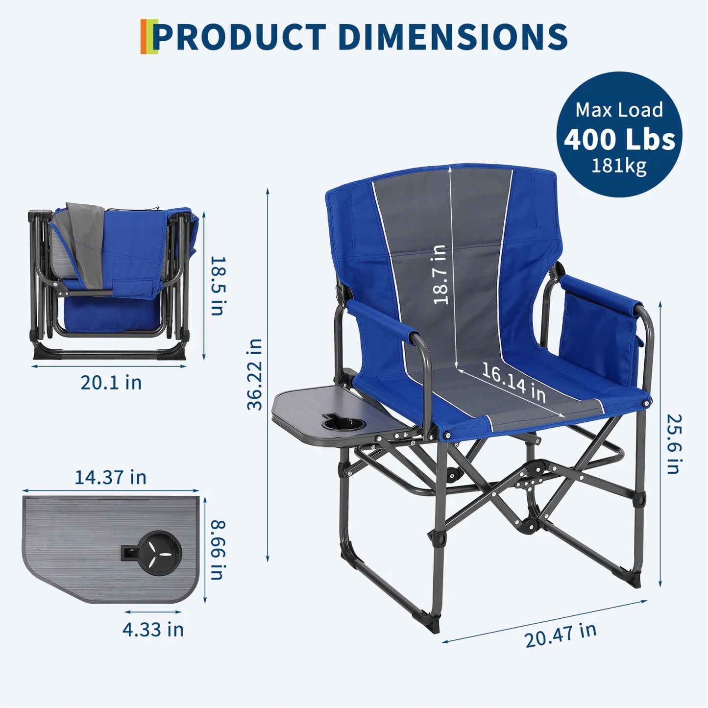 1 Pack / 2 Pack Oversized Heavy Duty Folding Directors Chair for Adults, 400 Lbs Capacity Portable Camping Chair with Side Table, Cup Holder & Side Pocket, Lawn Chairs for Camping, Beach, Garden, RV