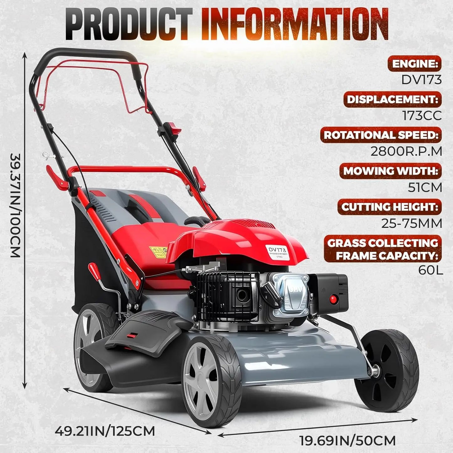 18-Inch Self-Propelled Lawn Mower, 131cc 3-in-1 Gas Lawn Mower with 50L Grass Bag, Mulch, Bag and Side-Discharge,Customized