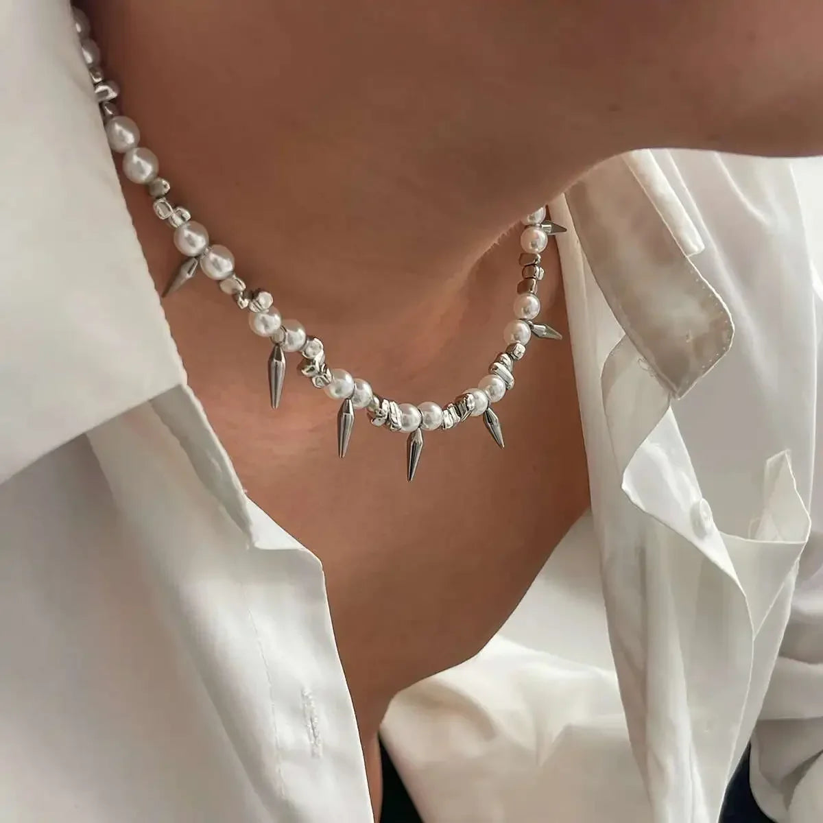 Ingemark Hip Hop Stainless Steel Imitation Pearl Chain Necklace for Men Trend 2025 Goth Rivet Pendant Choker Grunge Jewelry Gift