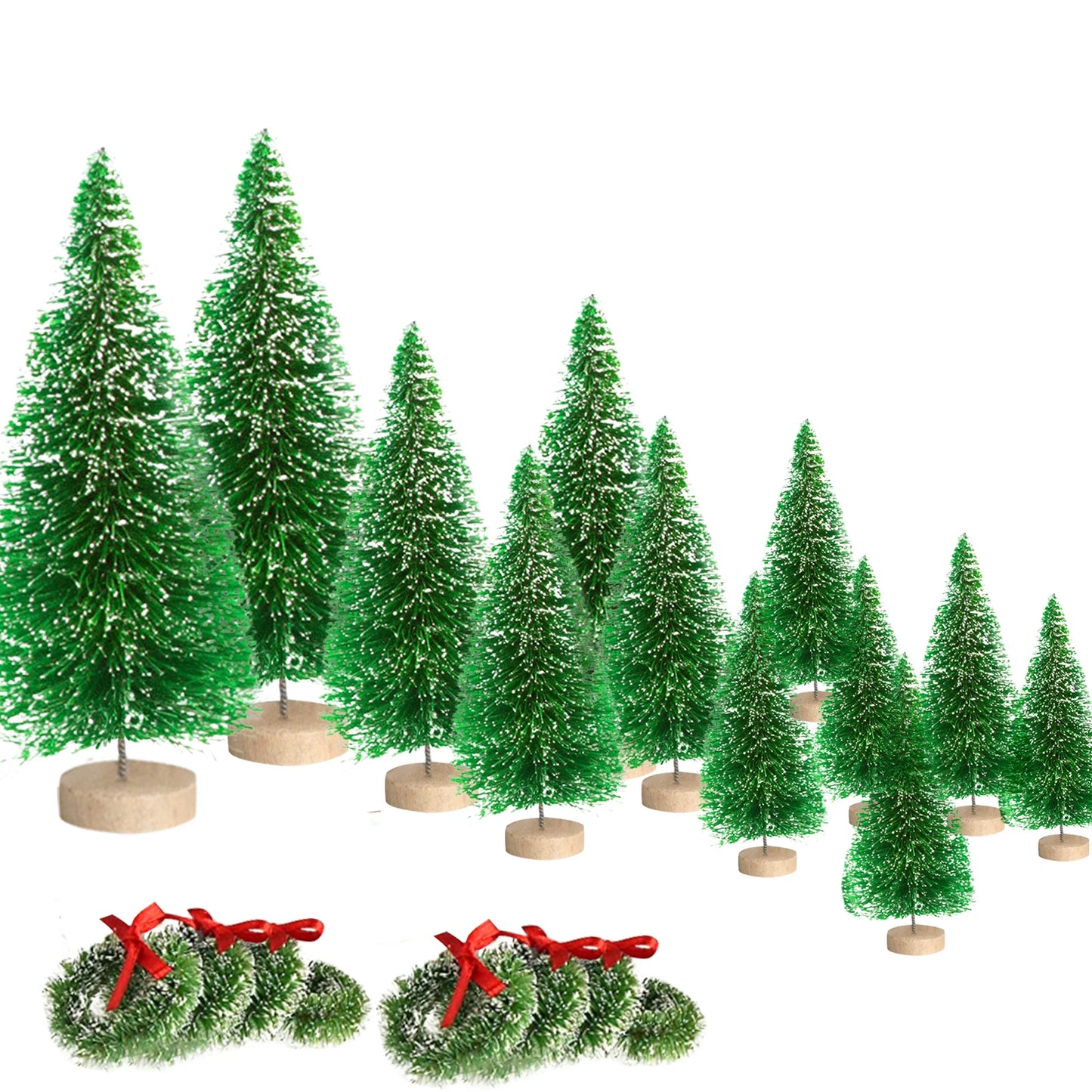 12PCS Artificial Mini Christmas Trees with 8PCS Small Christmas Wreaths, Bottle Brush Trees with Wood Base, Artificial Frosted