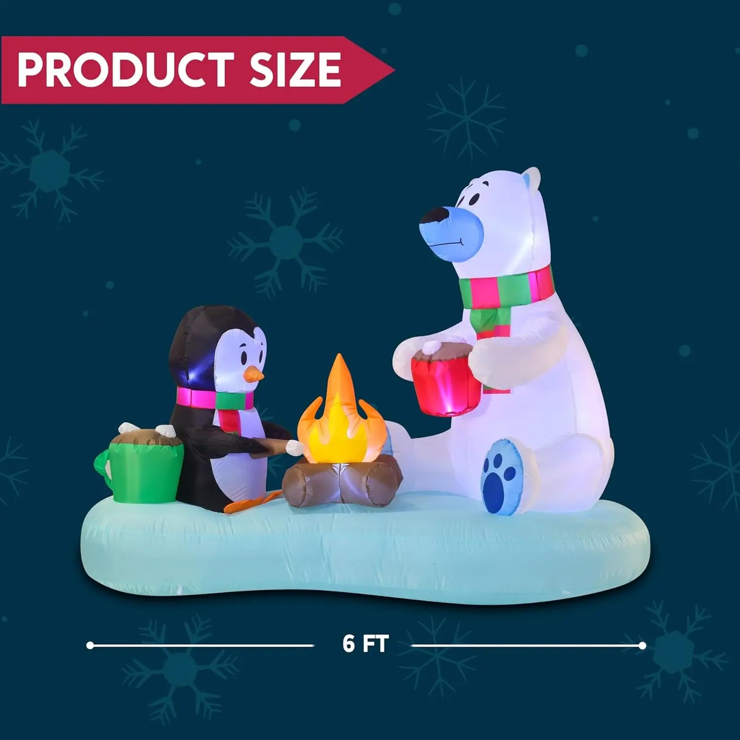 JOYFY 6 FT Long Christmas Inflatable Polar Bear and Penguin with Campfire Decoration for Xmas Party Christmas Decoration