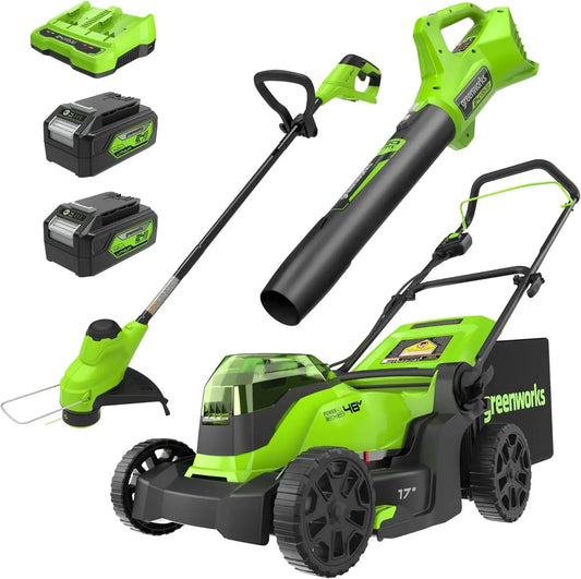 48V (2x24V) 17" Brushless Mower+12" String Trimmer +320CFM Blower,(2) 4.0Ah Batteries and 2A Dual Port Charger