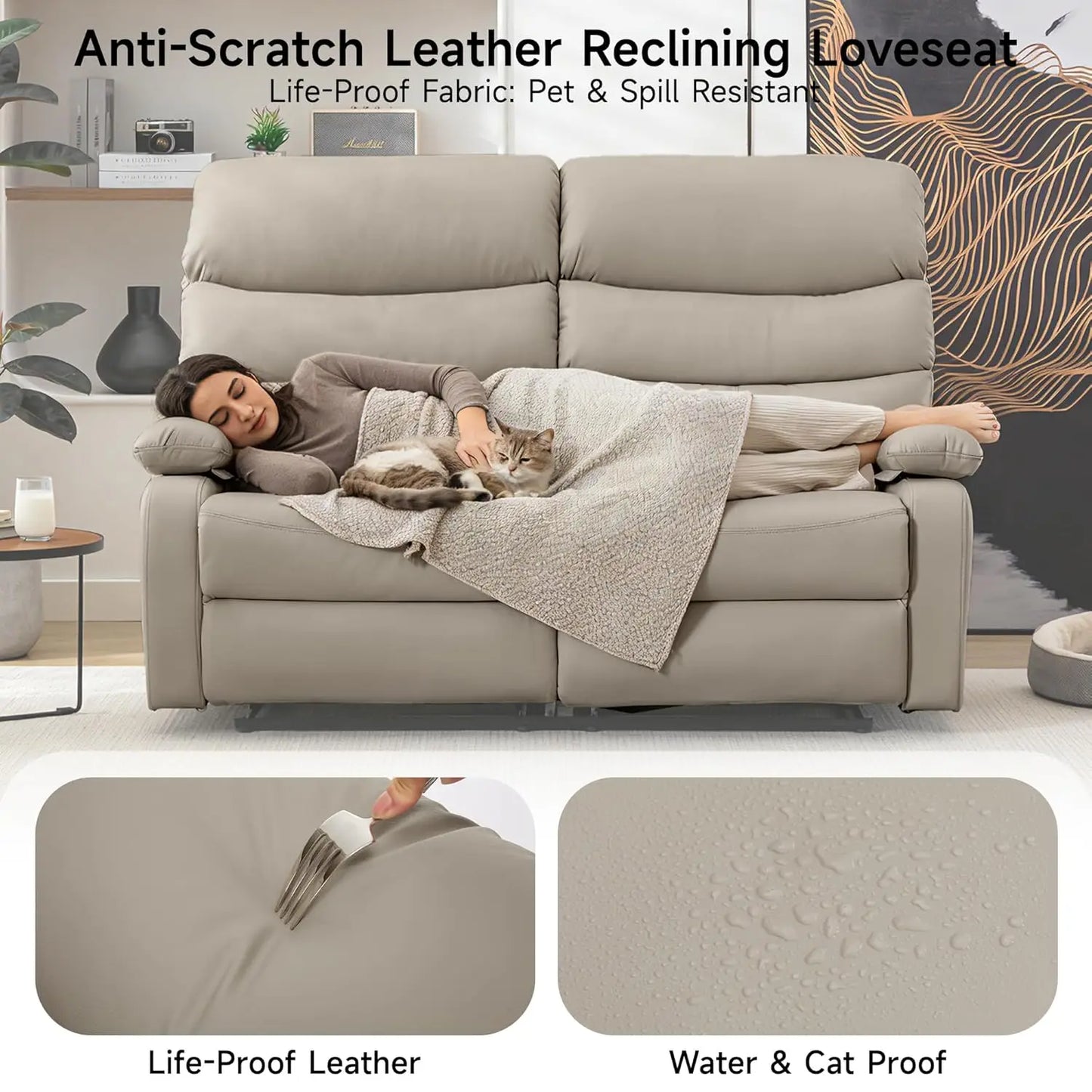 Wall Hugger Reclining Loveseat Anti-Scratch Leather Side Pocket Living Room RV Home Theater 2-Seat Beige, Customized