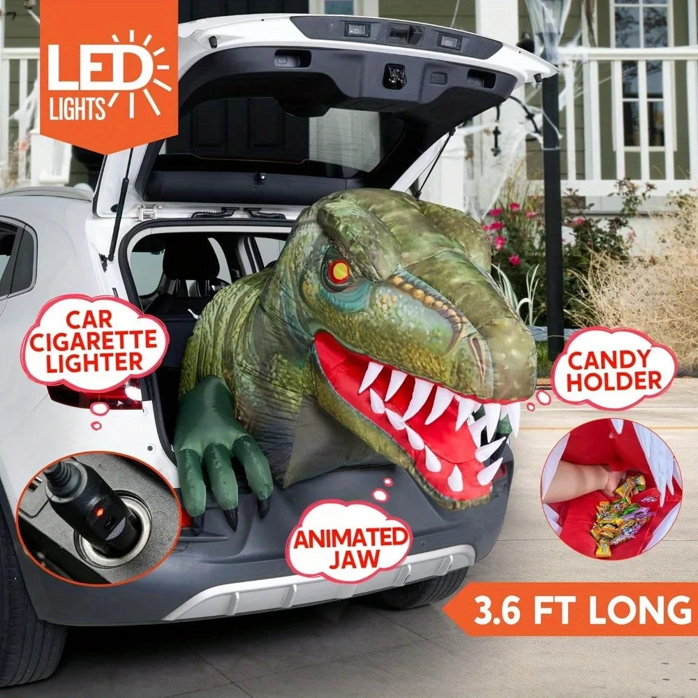 Animated Trunk or Treat Car Halloween Inflatable Outdoor Decorations Decorations Animated Dinosaur with LEDs for Yard Decor