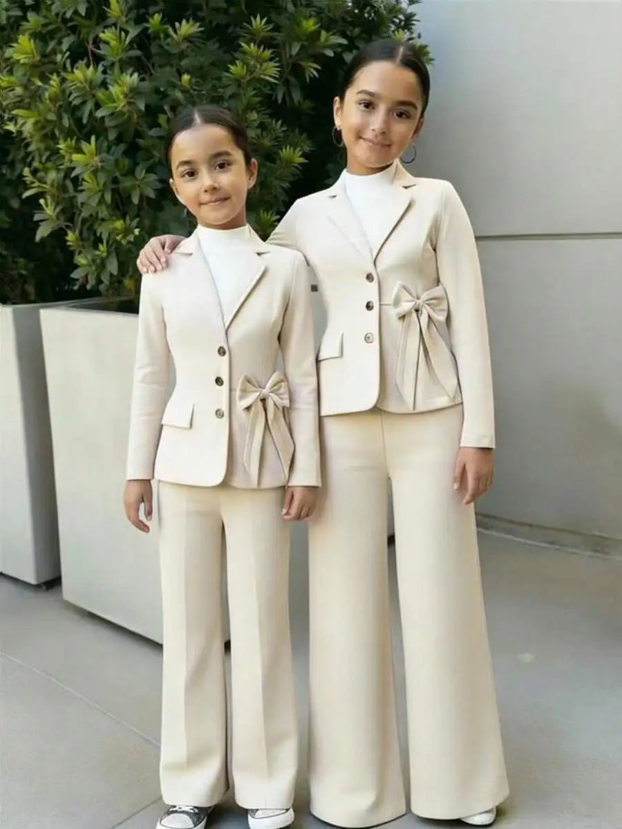 Pink Girls' Single-Breasted Blazer Set with Bow Detail, Wide-Leg Pants for Semi-Formal Occasions