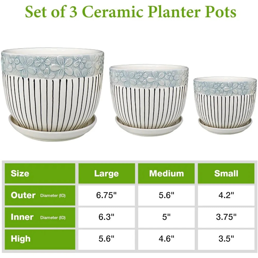 Set of 3 Ceramic Planters with Drainage 6.75 5.6 4.2 inch Saucers Modern Indoor Outdoor Flower Succulent Garden Pots