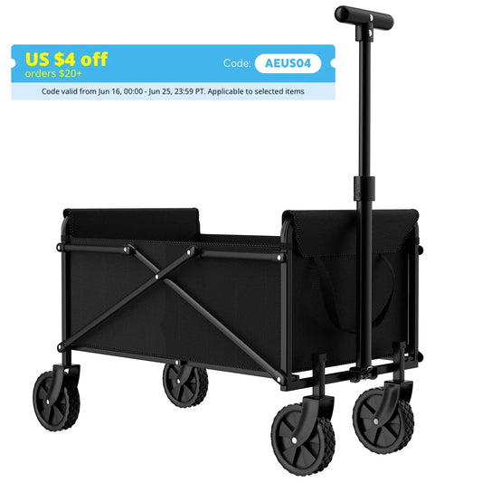 Black Small Handcart Outdoor Garden Folding Cart Collapsible Utility Shopping Cart Wagon Portable Picnic Beach Trolley Cart