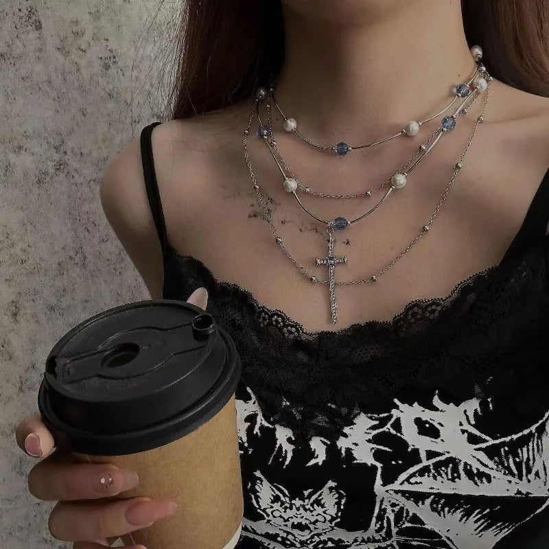 Multi layered necklace with stainless steel punk style hip-hop collarbone chain for couples to wear as holiday gift