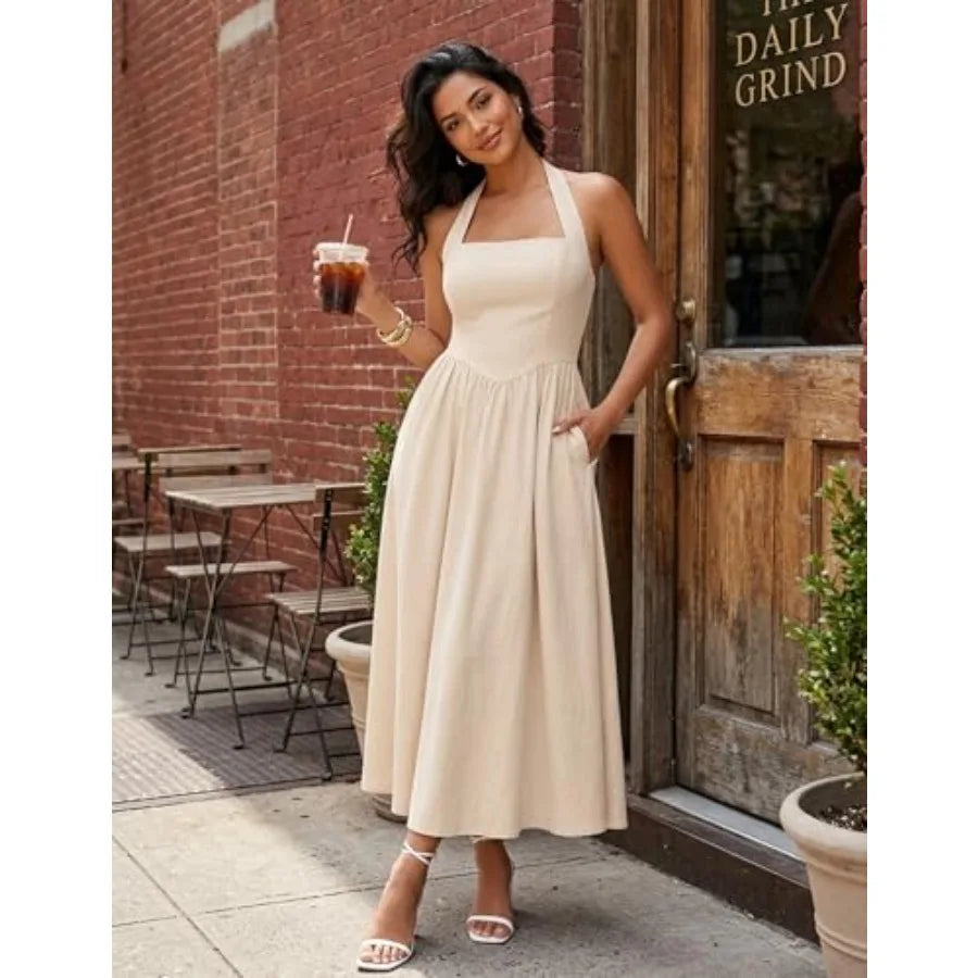 ZESICA Women's Summer Sleeveless Halter Midi Dress 2026 Off Shoulder High Waist Flowy Formal Wedding Guest Long Dresses