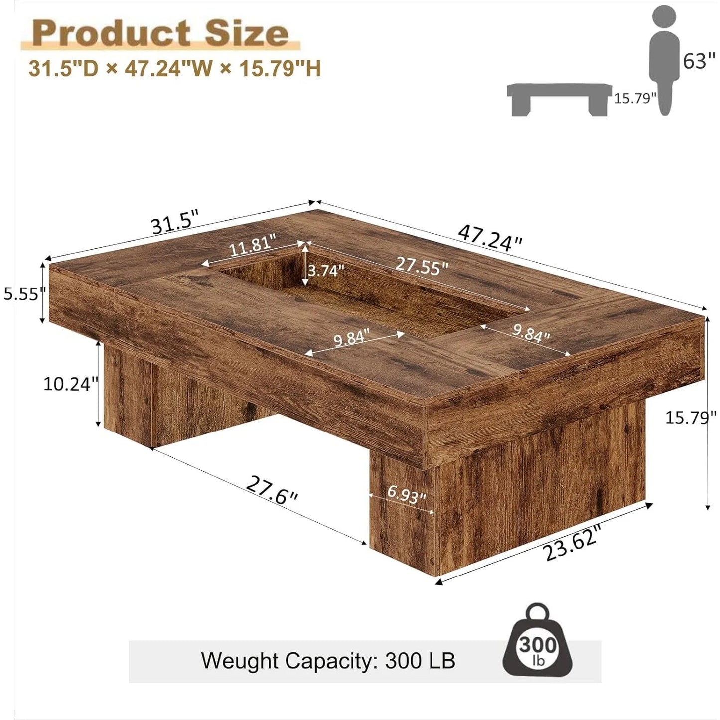 Rustic Large Wood Coffee Table with Storage LED Light Modern Farmhouse Low Wide Rectangle for Living Room Office 47 Inch
