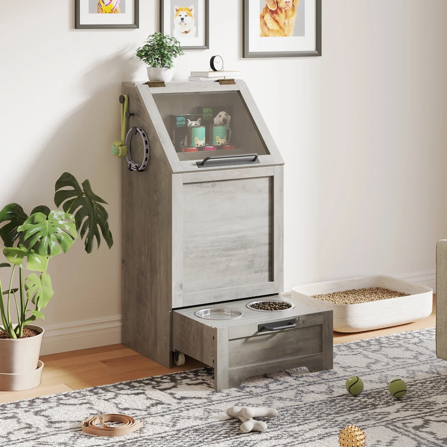 Pet Food Cabinet Flip Top Dog Food Storage Cabinet,Dog Feeding Station with 2 Elevated Bowls, Pet Toy Storage Organizer