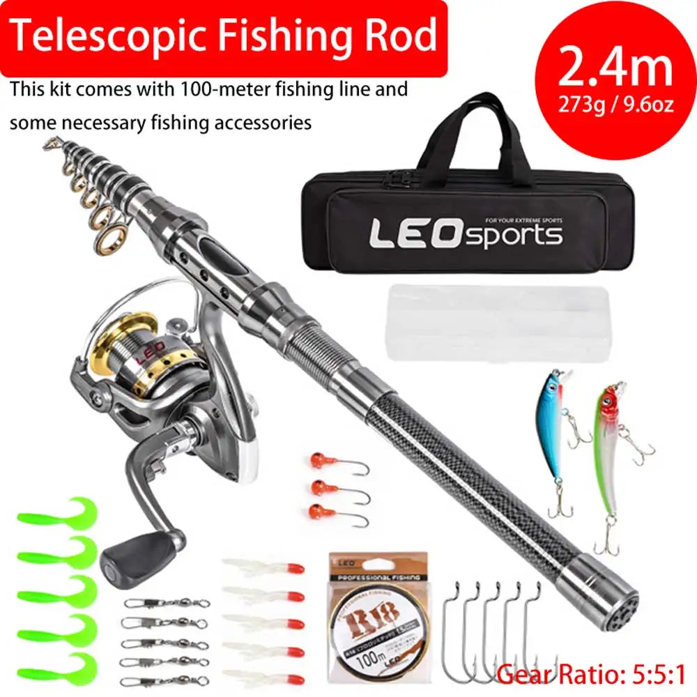 2.4m Carbon Fiber Fishing Rod And Reel Combo Ultralight Lasting Travel Telescopic Fishing Pole Spinning Reel Kit, 100-meter Line